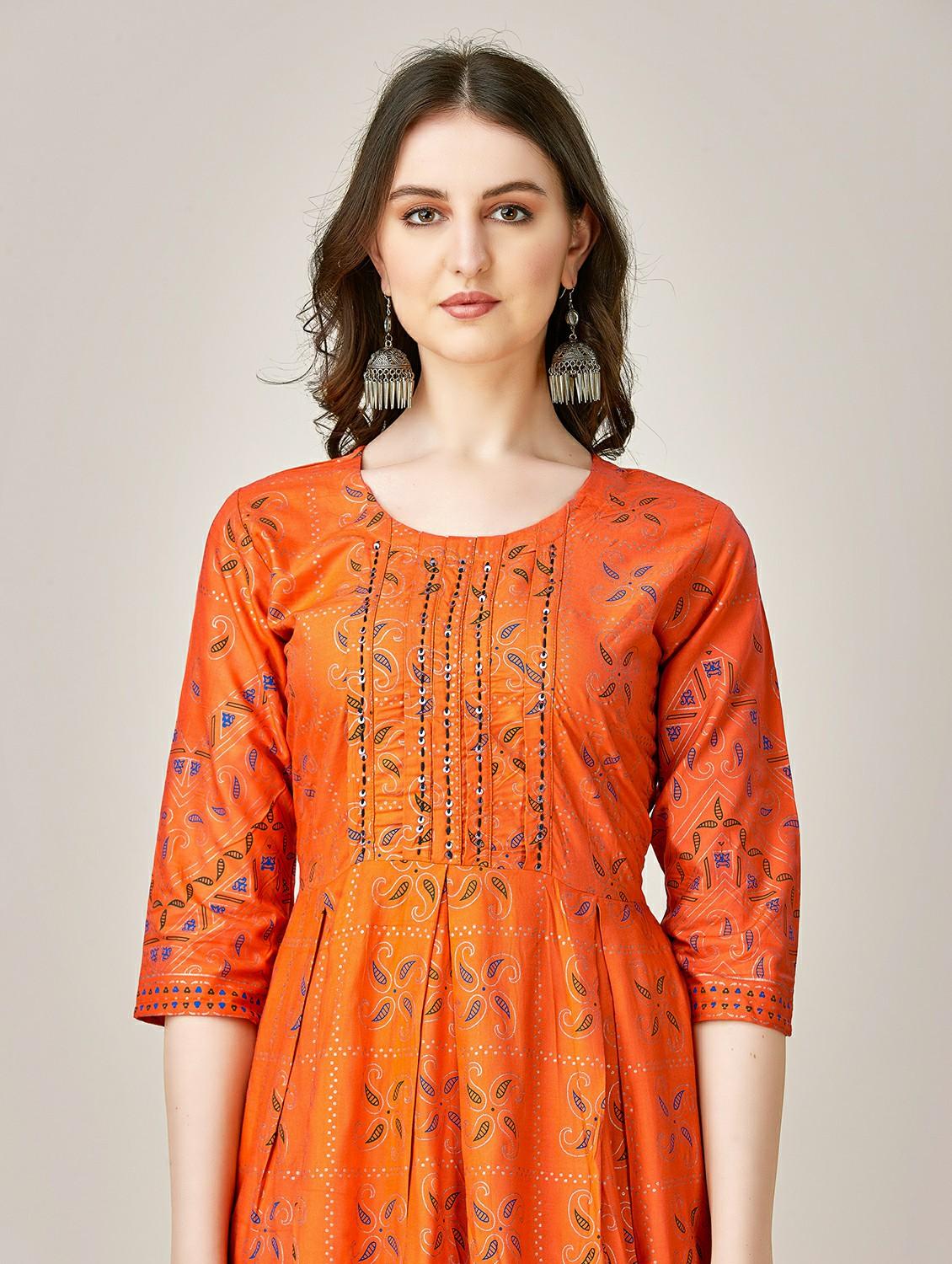 women orange round neck anarkali kurta - 20317937 - Standard Image - 4