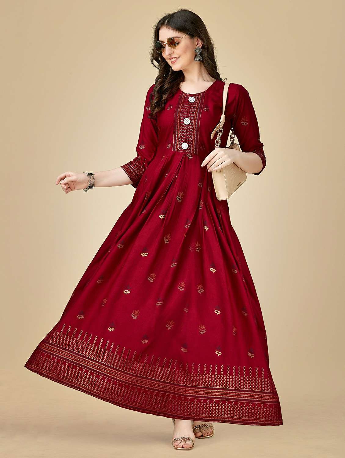 women maroon round neck anarkali kurta - 20317939 -  Standard Image - 1