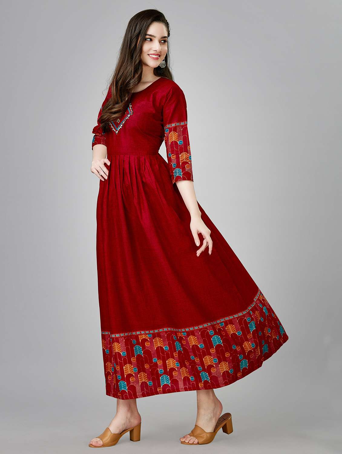 women maroon solid round neck anarkali kurta - 20317949 -  Standard Image - 1