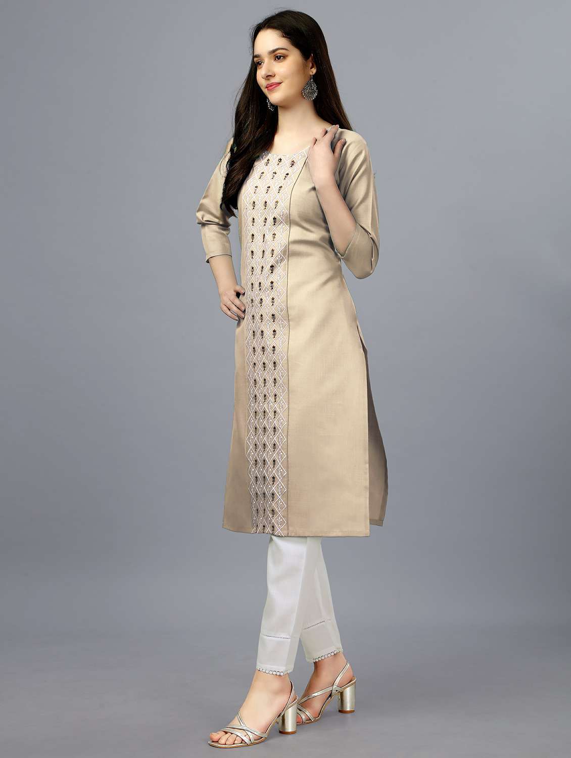 beige cotton straight kurta - 20317962 -  Standard Image - 1