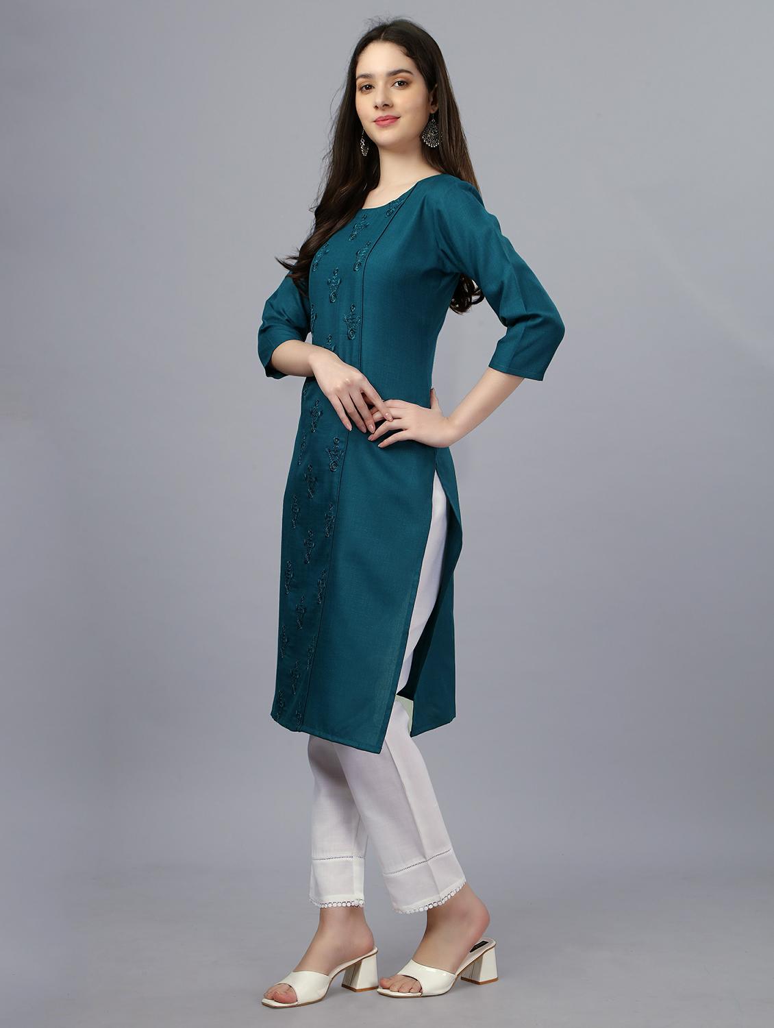 teal cotton straight kurta - 20317970 - Standard Image - 1