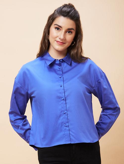 women blue cotton regular shirt - 20318637 - Standard Image - 0