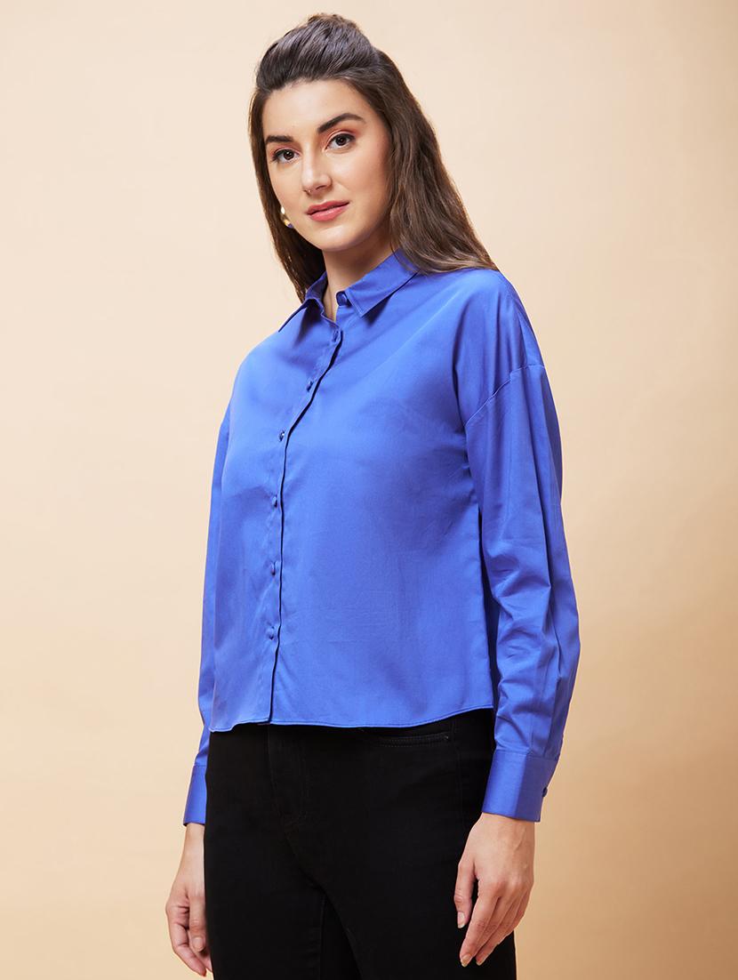women blue cotton regular shirt - 20318637 -  Standard Image - 1