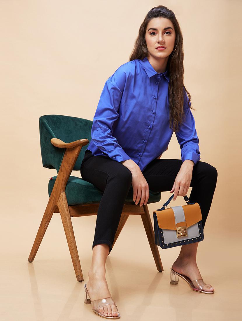 women blue cotton regular shirt - 20318637 - Standard Image - 4