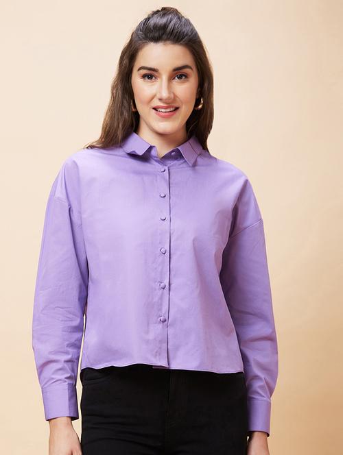 women lavender cotton regular shirt - 20318638 - Standard Image - 0