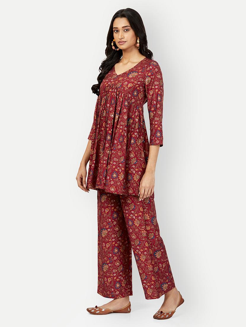 women maroon floral v-neck co-ord sets - 20318816 -  Standard Image - 1