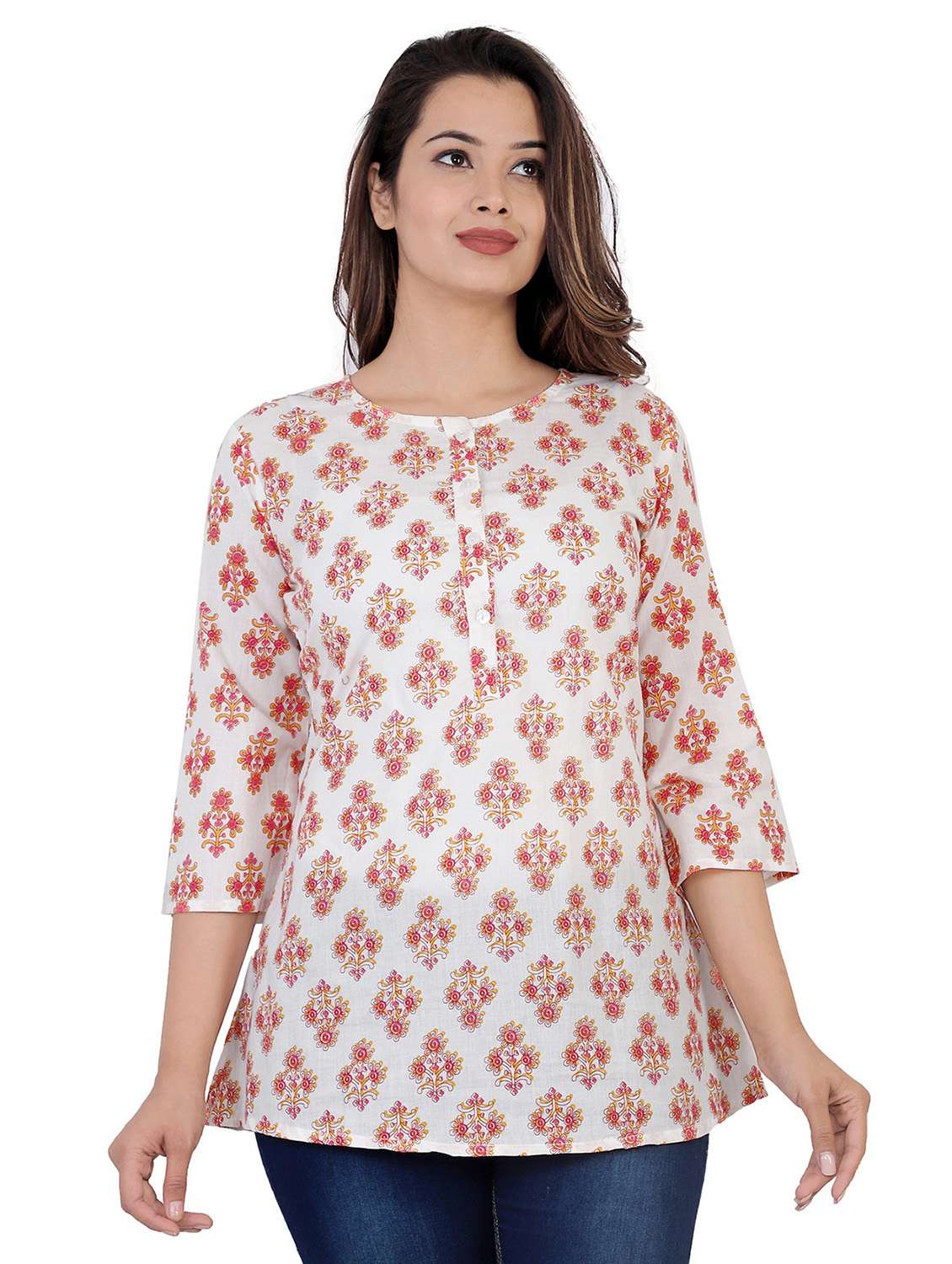 white floral print round neck a-line tunic