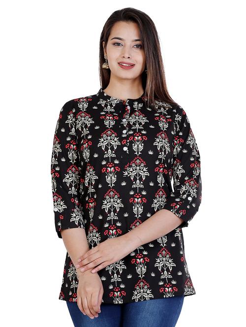 women black regular fit floral straight top - 20319347 - Standard Image - 0
