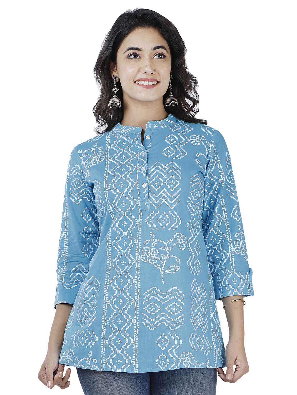 blue bandhani printed regular top