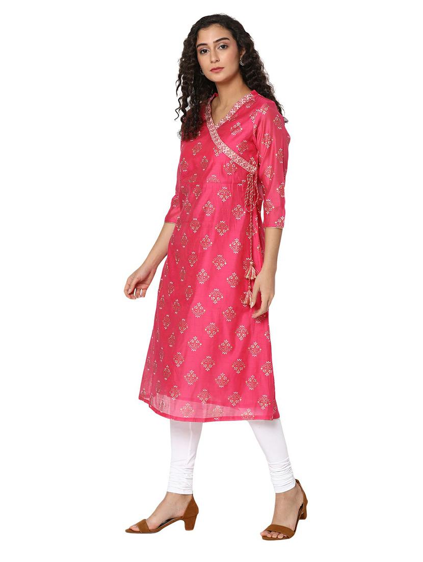 pink three quarter sleeve a-line kurta - 20319676 - Standard Image - 1