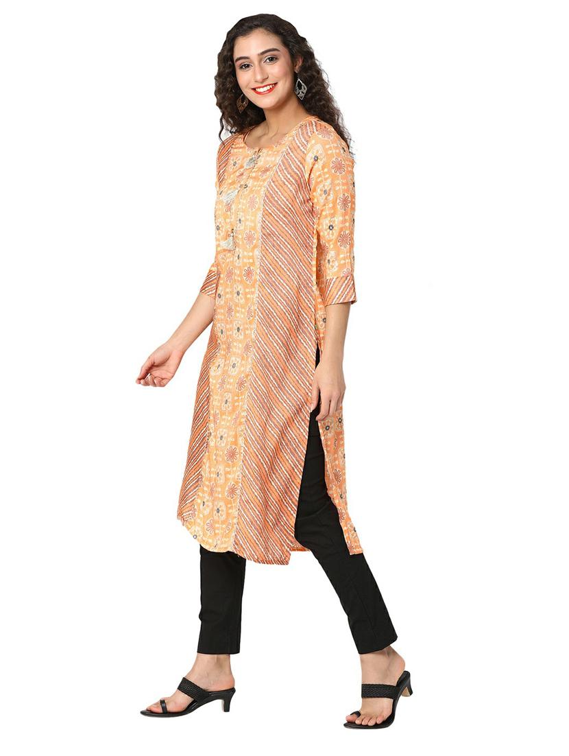women orange round neck straight kurta - 20319700 -  Standard Image - 1