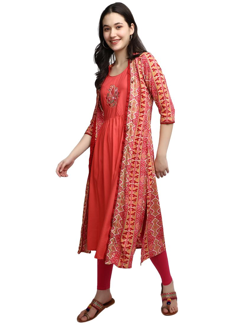 embroidered kurta with printed jacket - 20319708 - Standard Image - 1