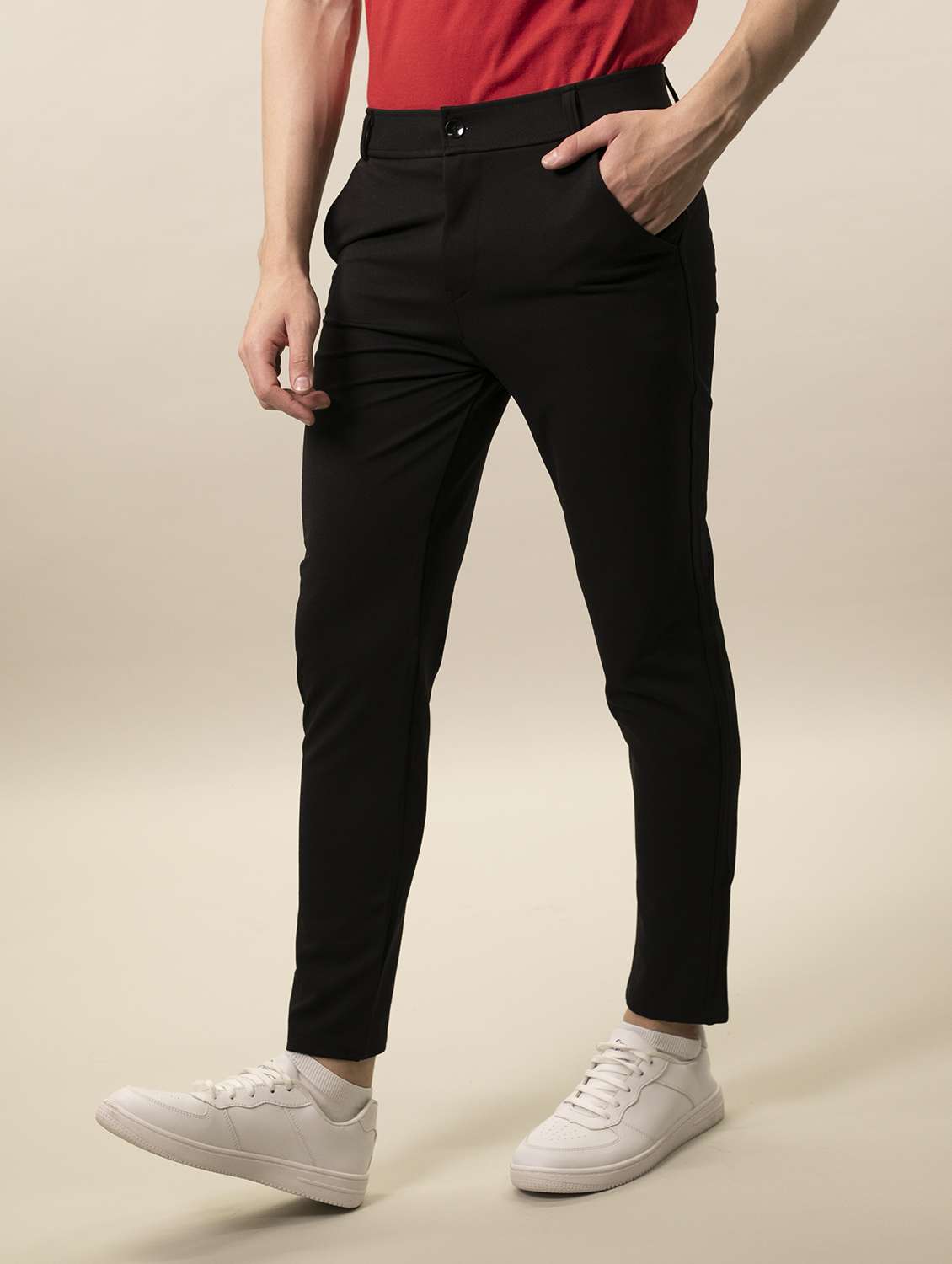 men solid black lycra blend flat front casual trouser - 20319967 -  Standard Image - 1