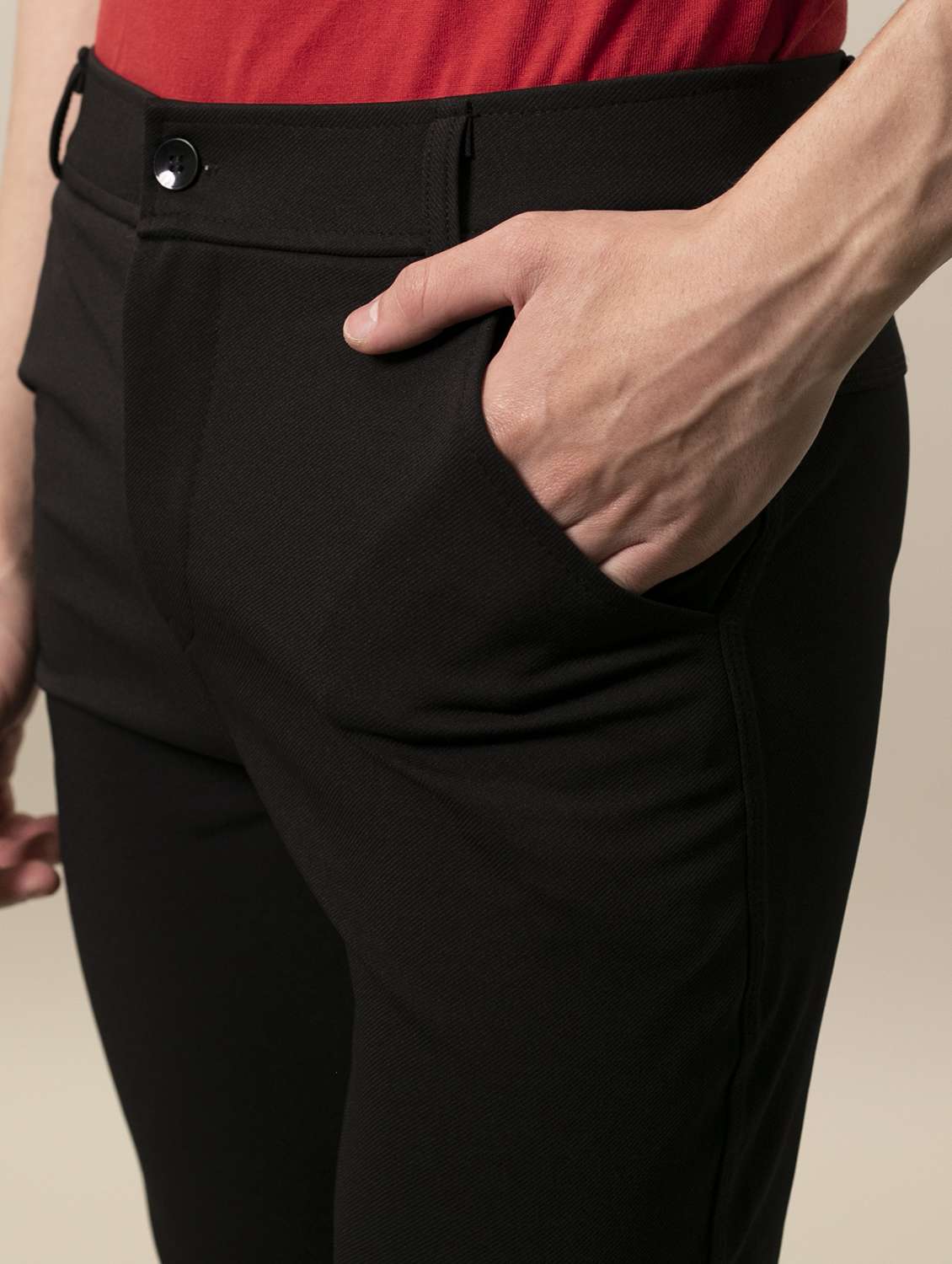 men solid black lycra blend flat front casual trouser - 20319967 -  Standard Image - 4