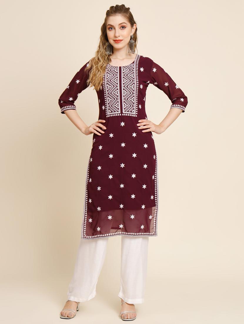 maroon colored straight kurta - 20320544 - Standard Image - 1