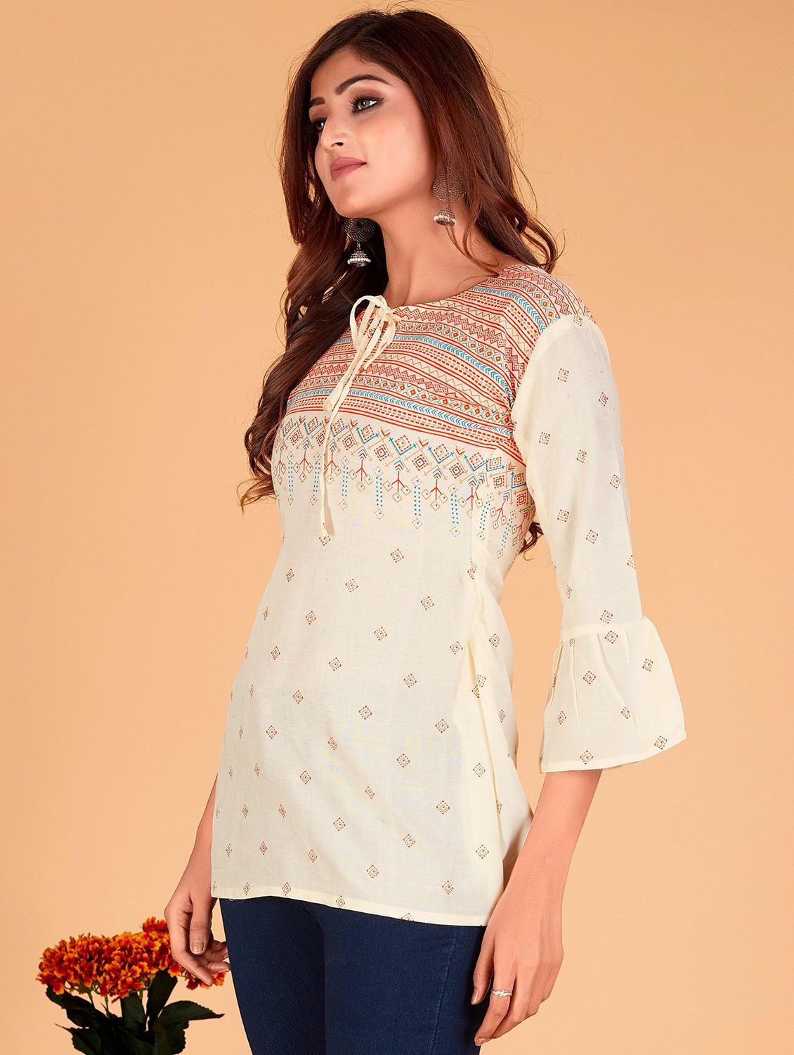 cream printed bell sleeves a-line tunic - 20321282 -  Standard Image - 1