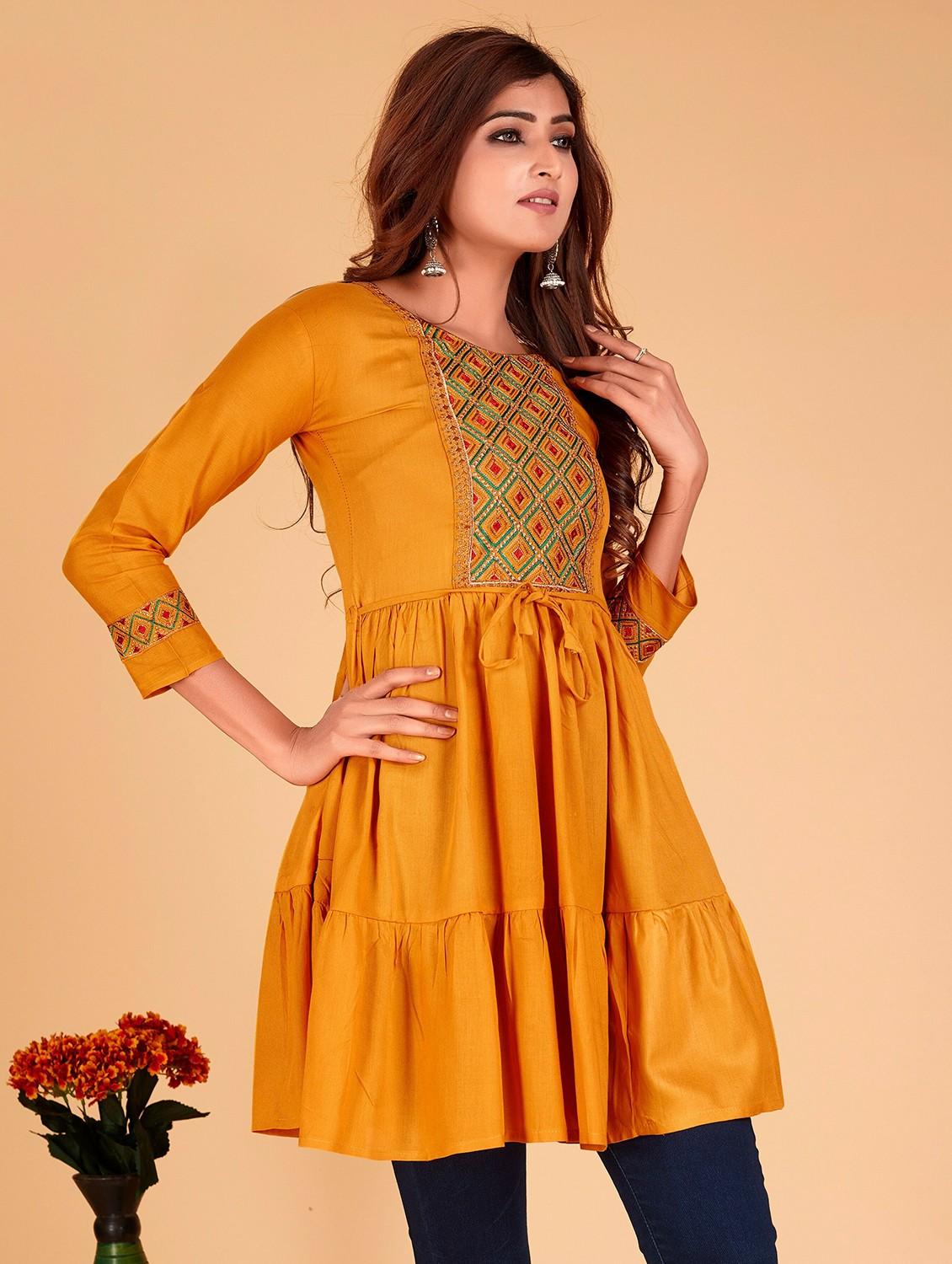 mustard solid with work flared tunic - 20321286 - Standard Image - 1