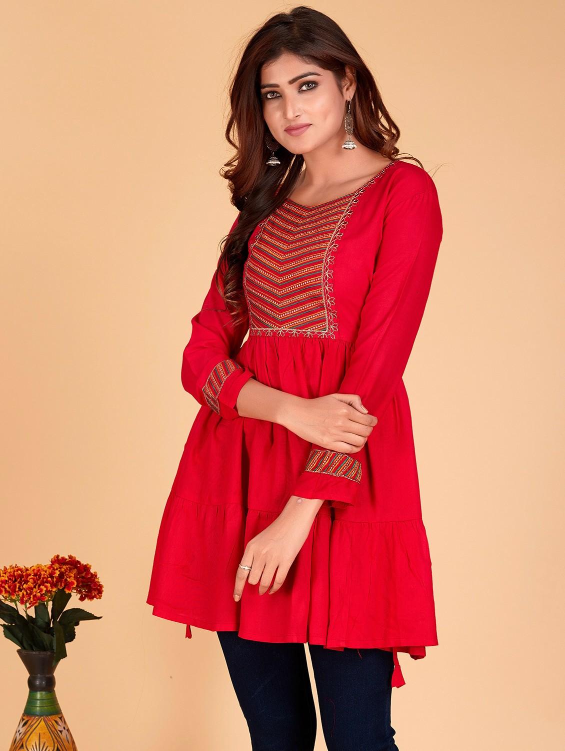 red solid with work flared tunic - 20321287 -  Standard Image - 1