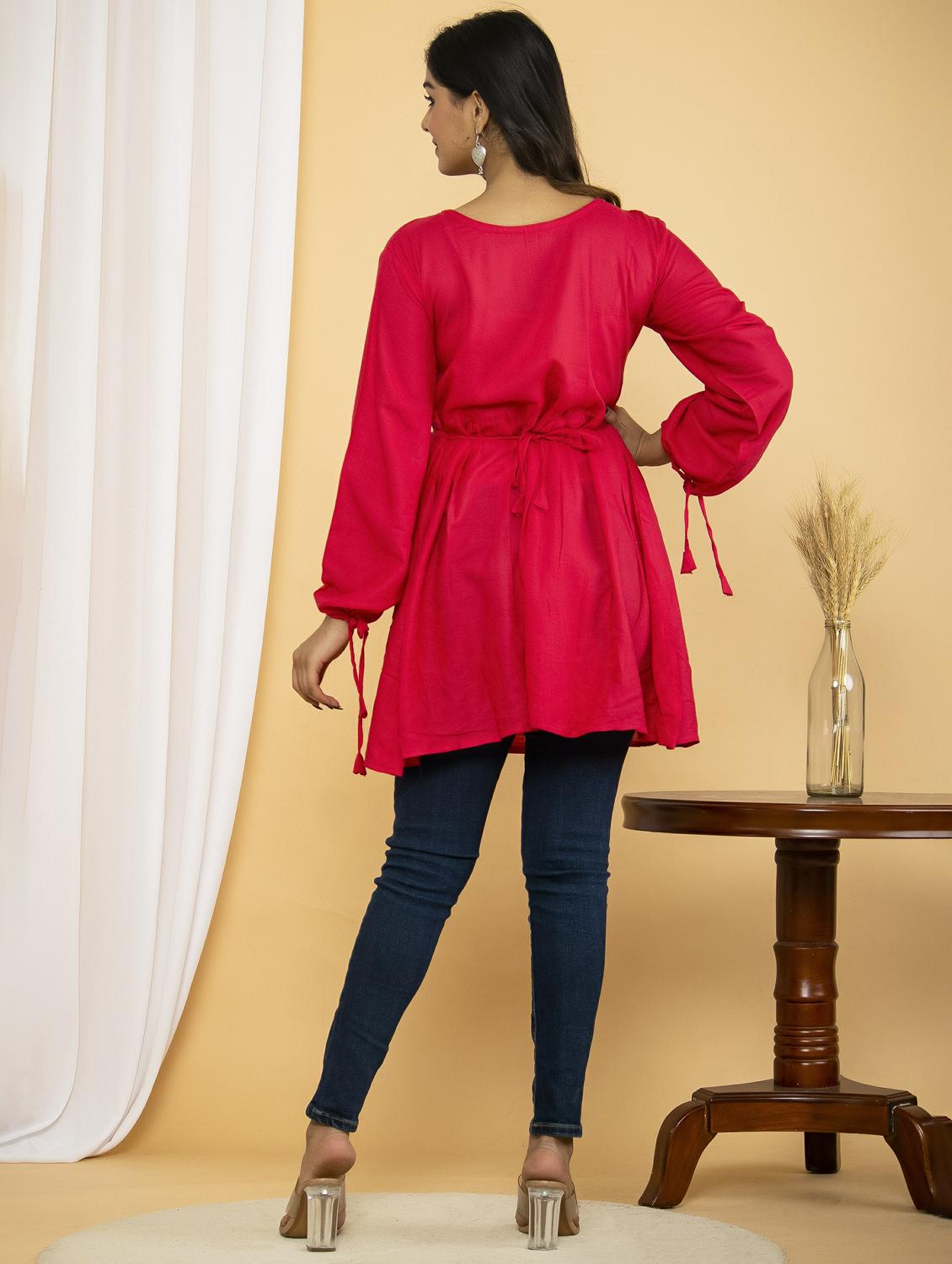 pink solid with work flared tunic - 20321289 -  Standard Image - 1