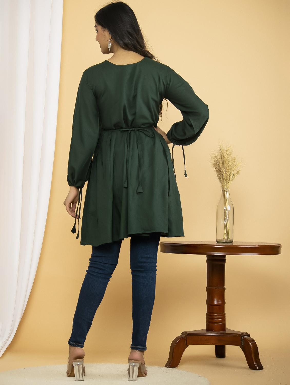 green solid with work flared tunic - 20321290 -  Standard Image - 1