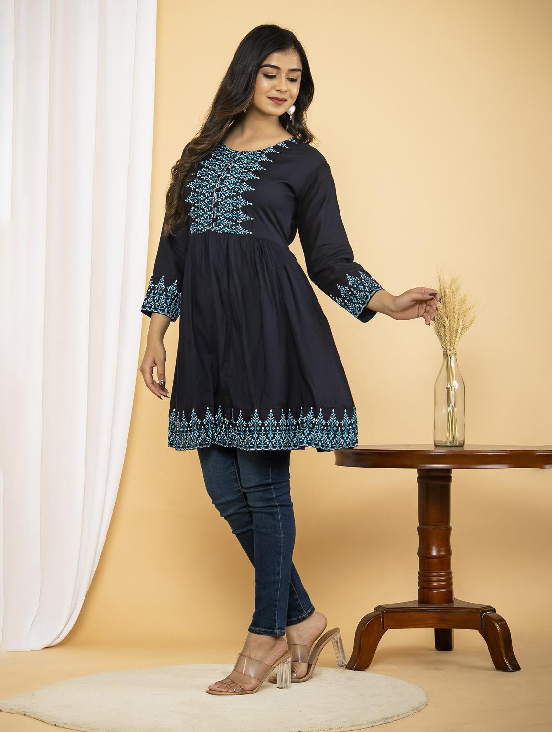 navy blue placement print flared tunic - 20321294 - Standard Image - 1