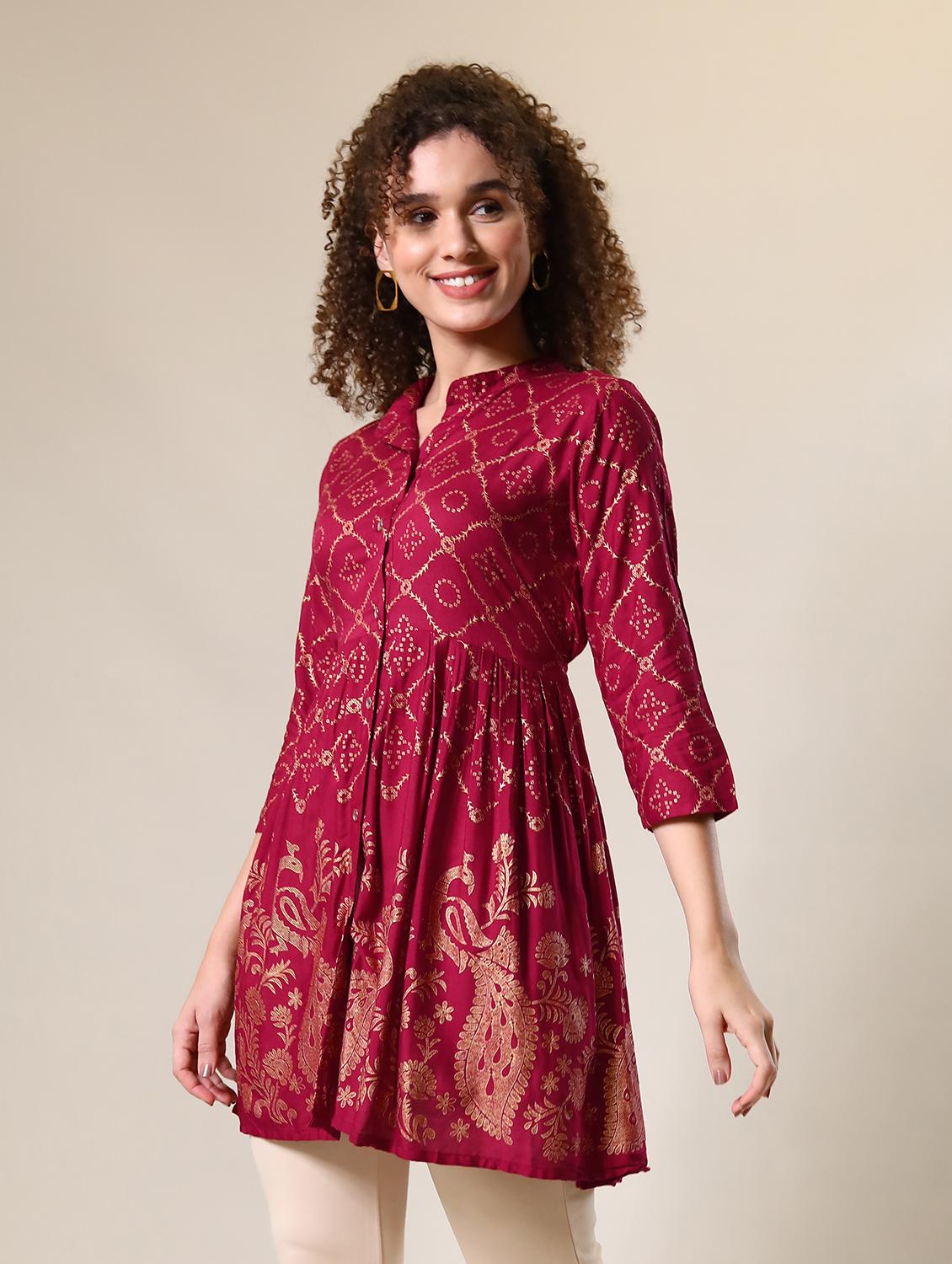 burgundy printed mandarin neck flared tunic - 20321296 - Standard Image - 1