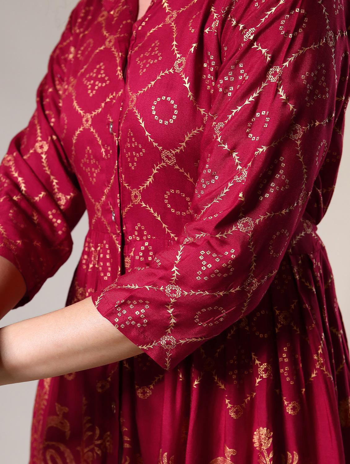 burgundy printed mandarin neck flared tunic - 20321296 - Standard Image - 4