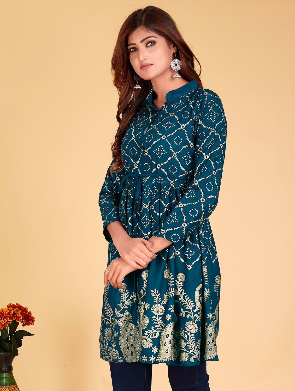 teal printed mandarin neck flared tunic - 20321298 - Standard Image - 1