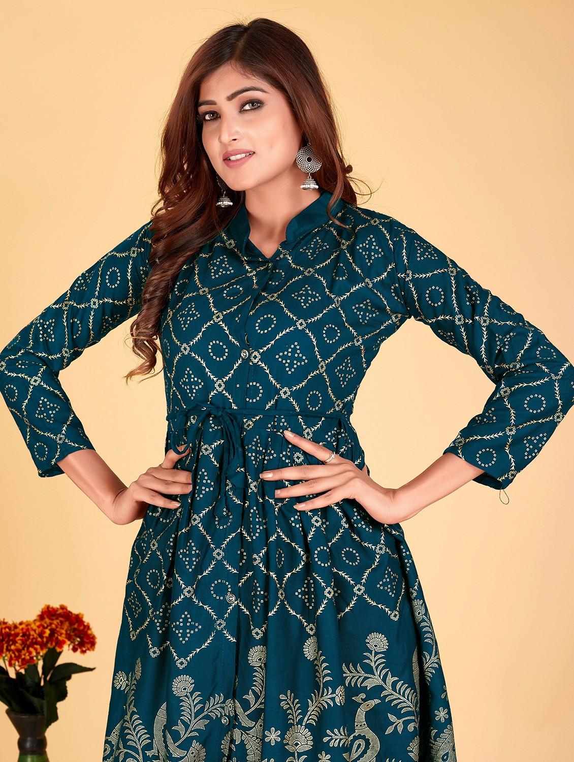teal printed mandarin neck flared tunic - 20321298 - Standard Image - 4
