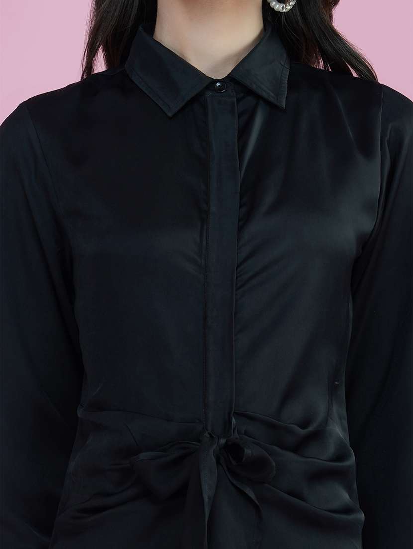 black solid long sleeves shirt dress - 20322663 -  Standard Image - 4