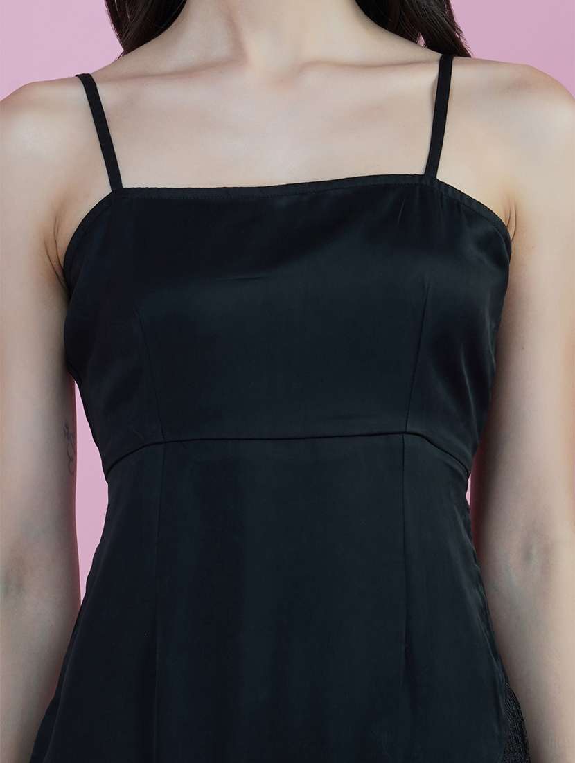 black solid shoulder strap dress with fringes - 20322667 -  Standard Image - 4