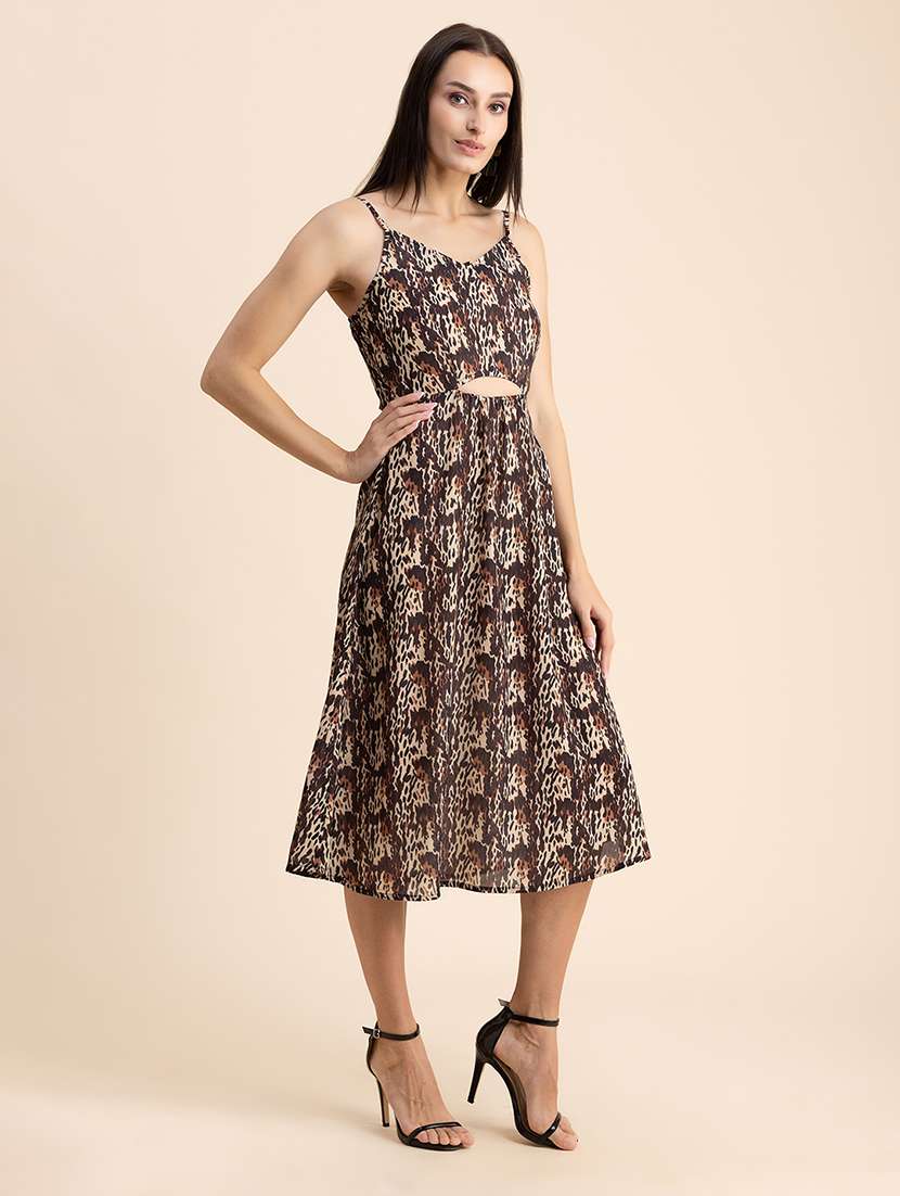 brown printed shoulder strap a-line dress - 20322897 -  Standard Image - 1