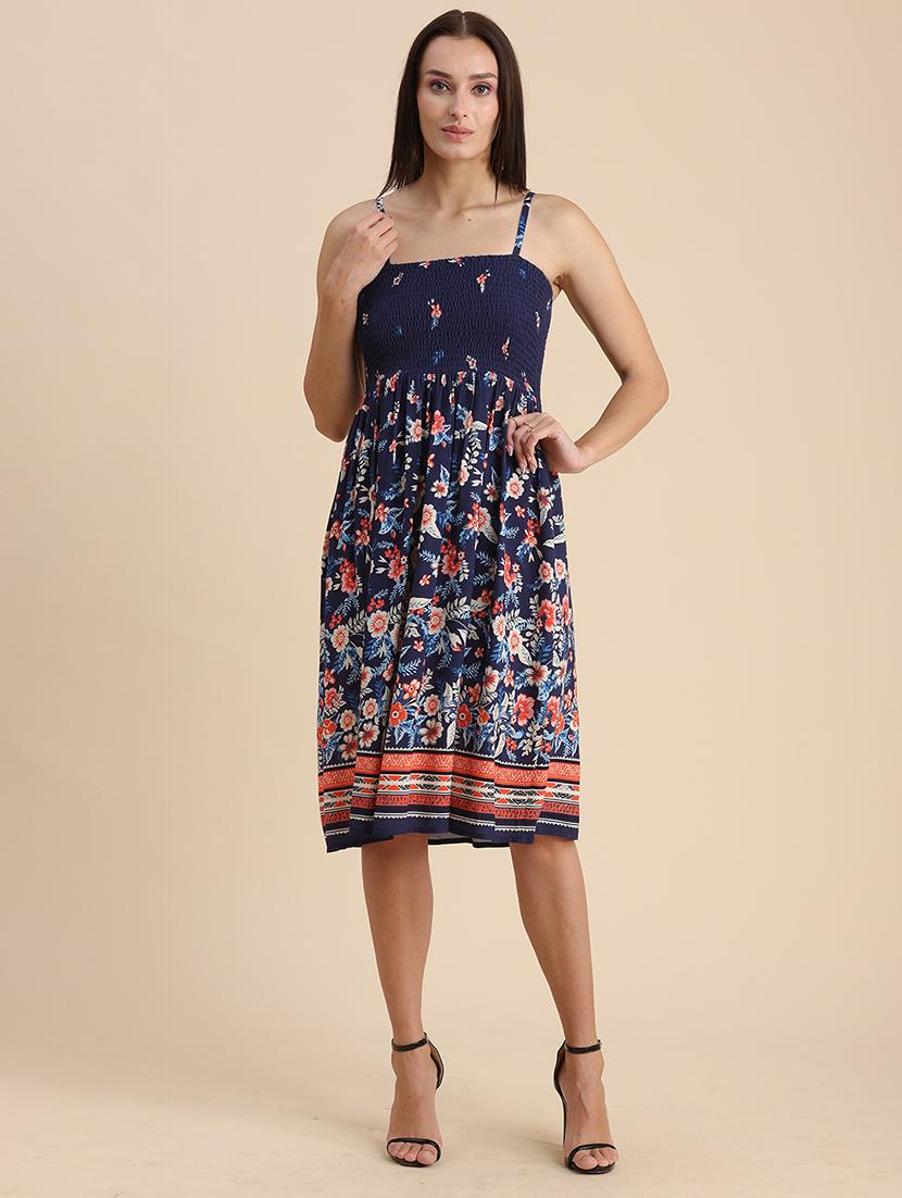 blue floral print shoulder strap a-line dress - 20322898 - Standard Image - 1