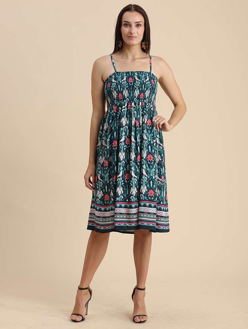 teal printed shoulder strap a-line dress