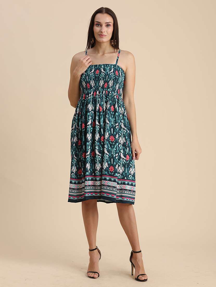 teal printed shoulder strap a-line dress - 20322922 -  Standard Image - 1