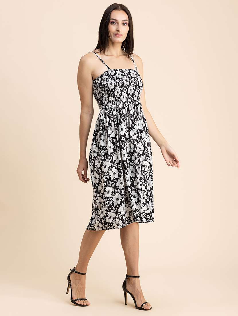 black floral print shoulder strap a-line dress - 20322923 -  Standard Image - 1