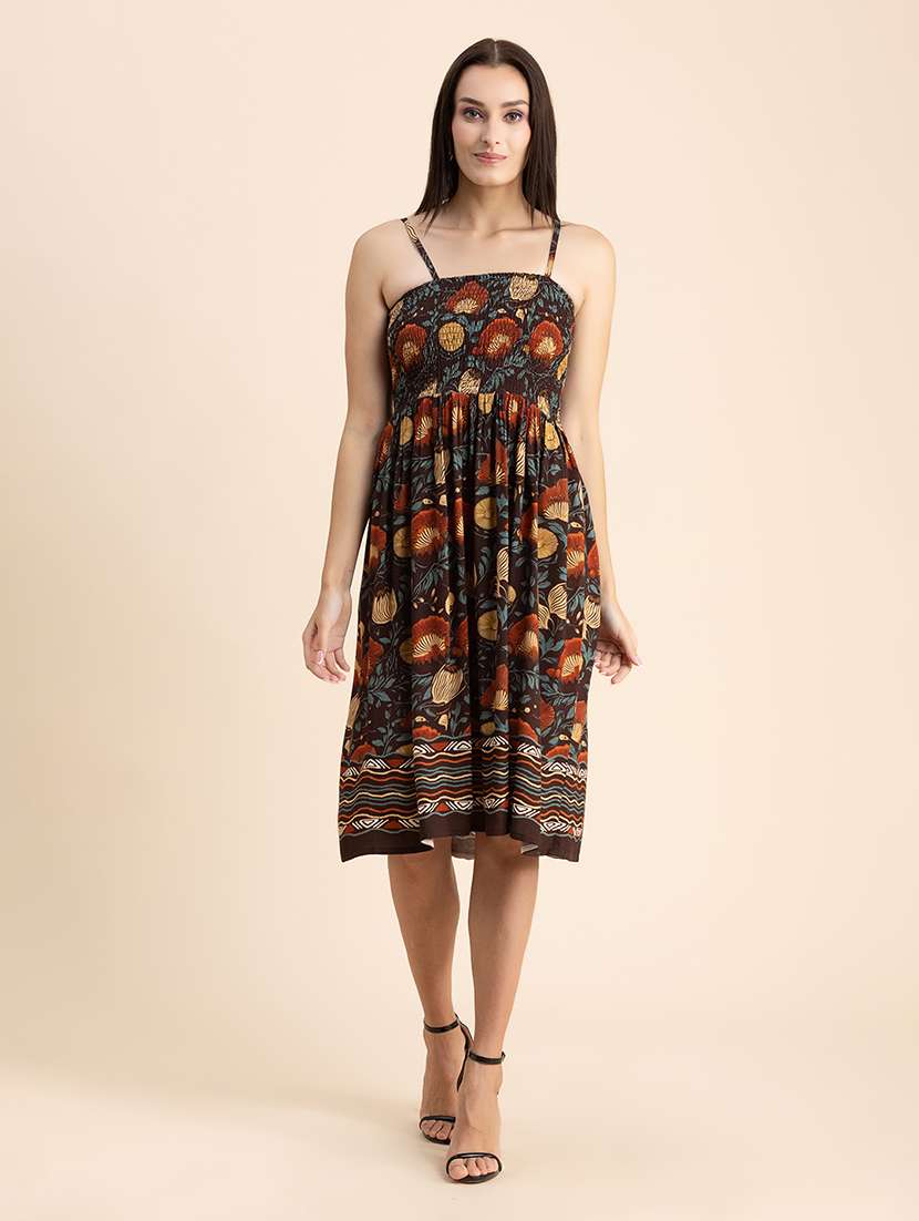  floral print shoulder strap fit & flare dress