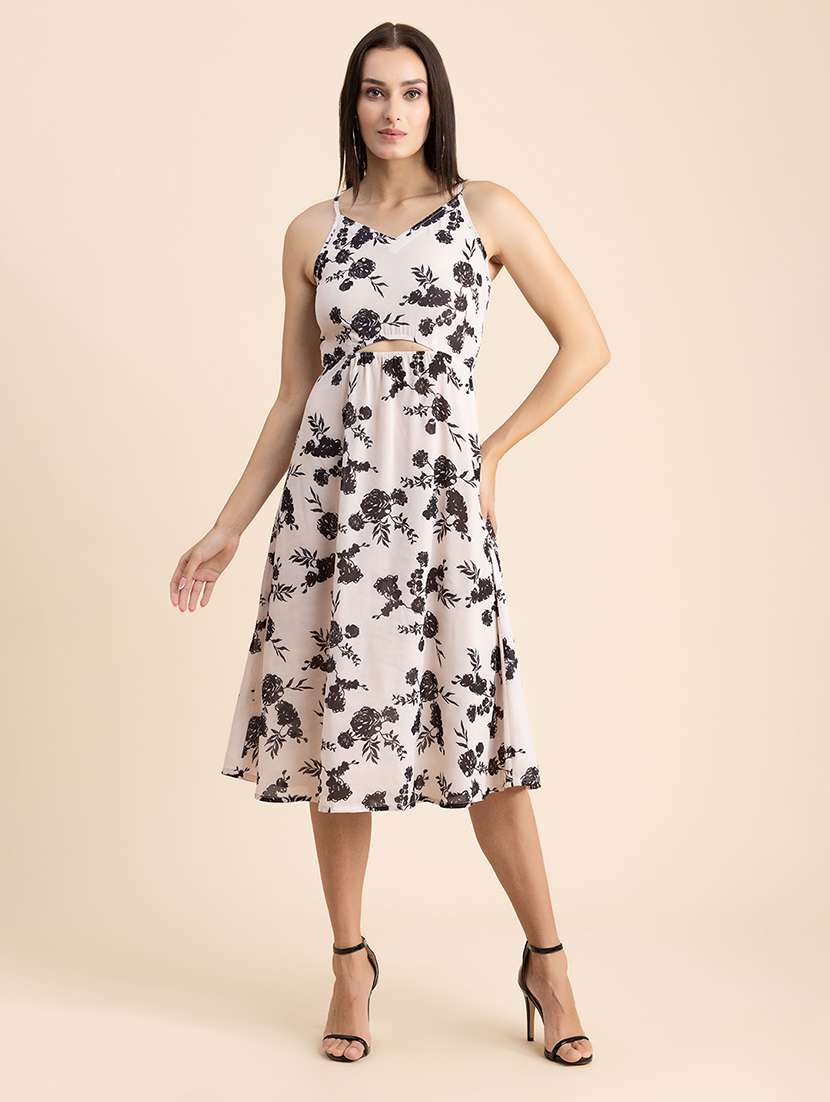  floral print shoulder strap a-line dress