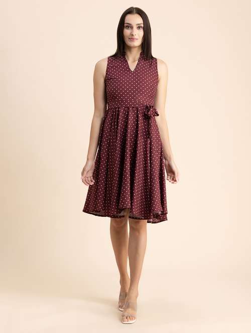 maroon polka dots fit & flare dress - 20322956 -  Standard Image - 0