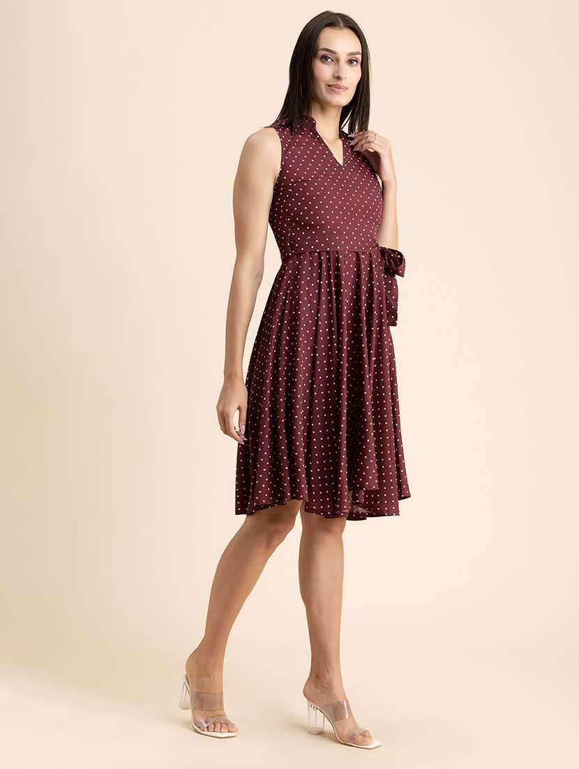 maroon polka dots fit & flare dress - 20322956 -  Standard Image - 1