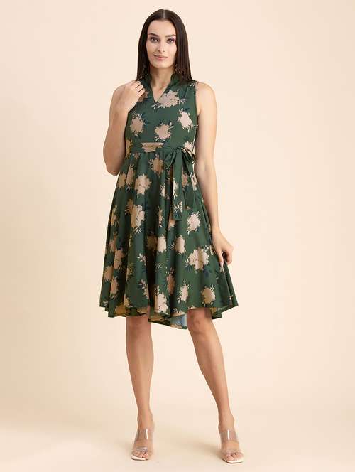 olive printed fit & flare dress - 20322958 -  Standard Image - 0