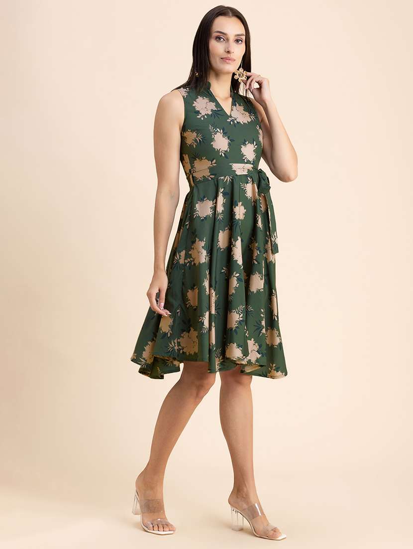 olive printed fit & flare dress - 20322958 -  Standard Image - 1