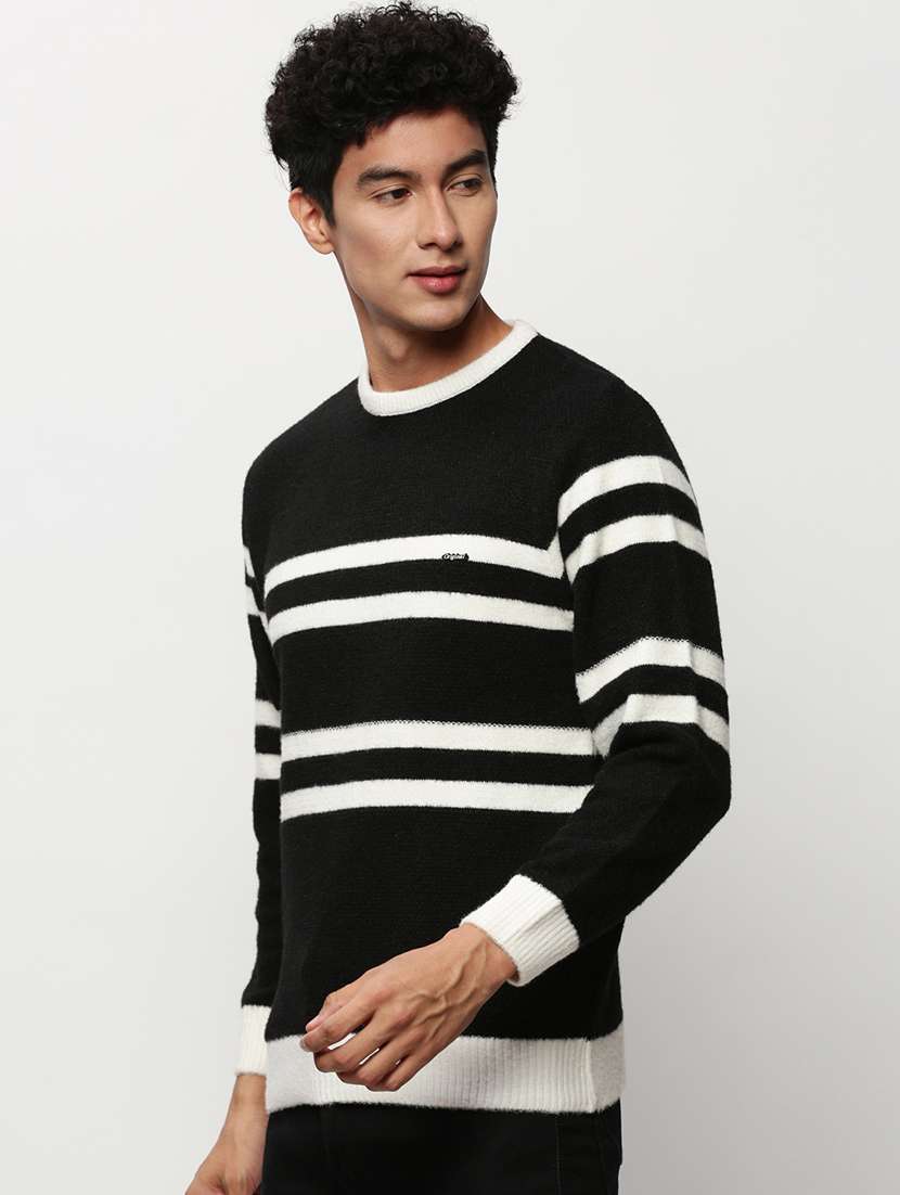 men black stripes crew neck acrylic pullover - 20322978 - Standard Image - 1