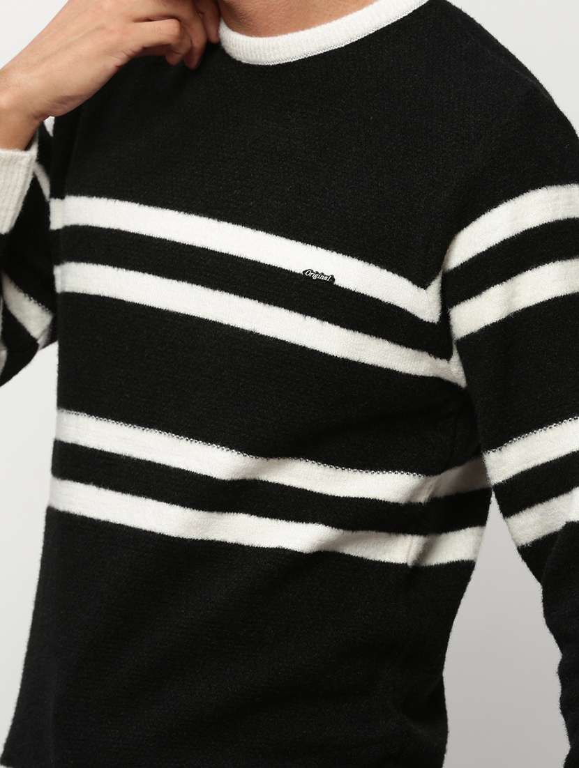 men black stripes crew neck acrylic pullover - 20322978 - Standard Image - 4