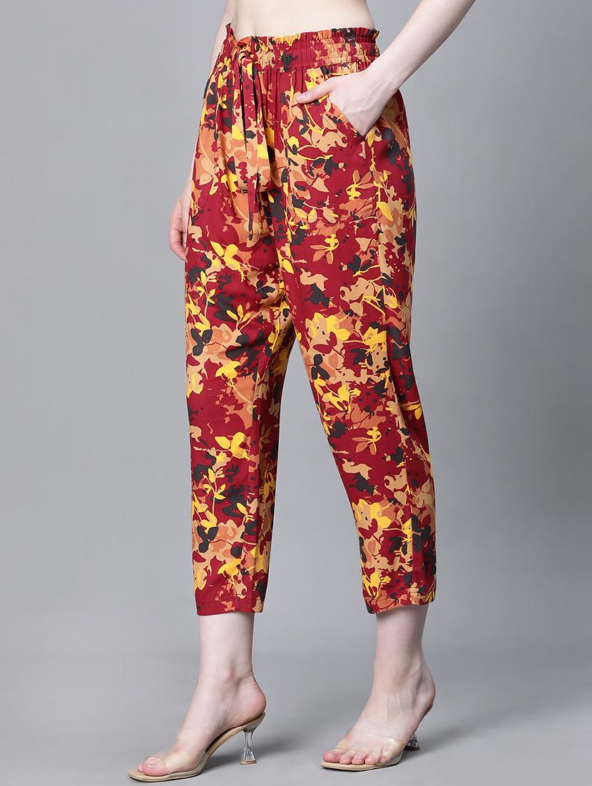 maroon floral printed flat front trouser - 20323066 -  Standard Image - 1