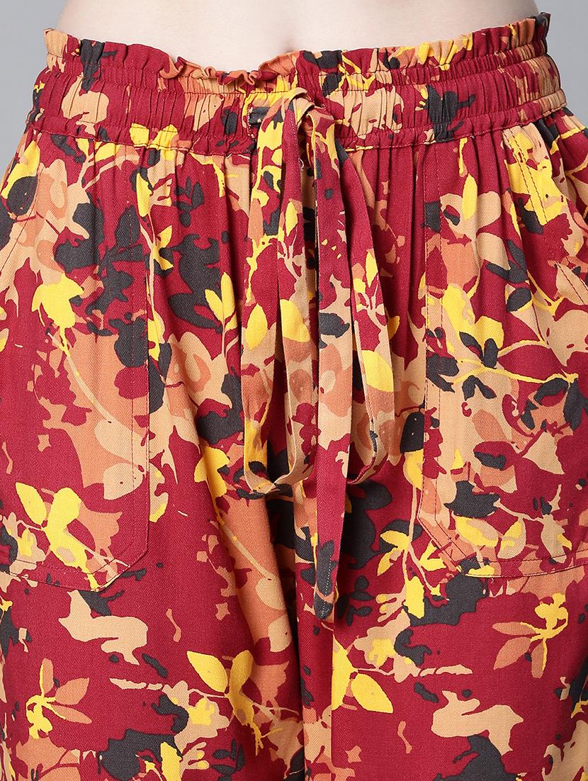 maroon floral printed flat front trouser - 20323066 - Standard Image - 4