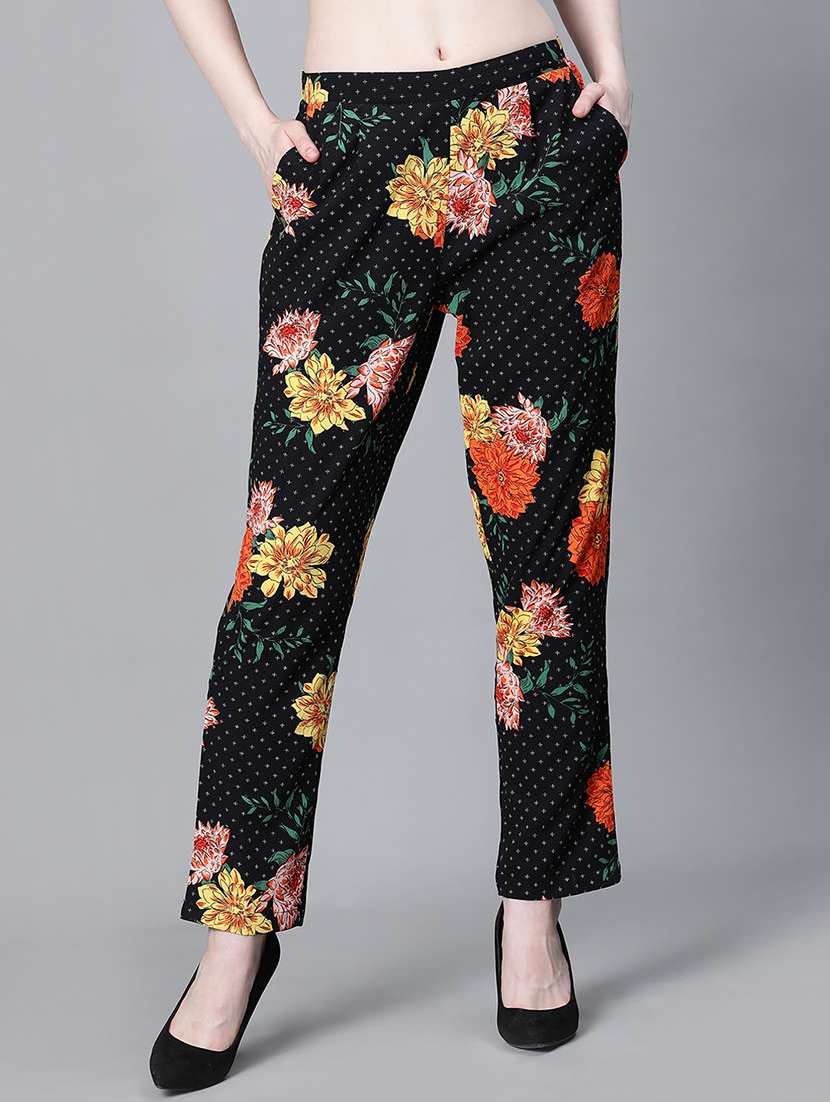 black floral printed flat front trouser