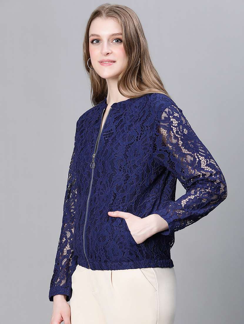 navy blue self design regular jacket - 20323109 -  Standard Image - 1