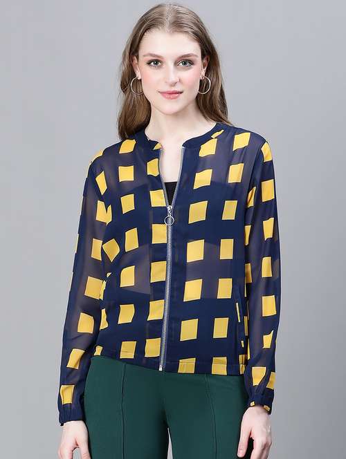navy blue geometric print summer jacket  - 20323111 -  Standard Image - 0