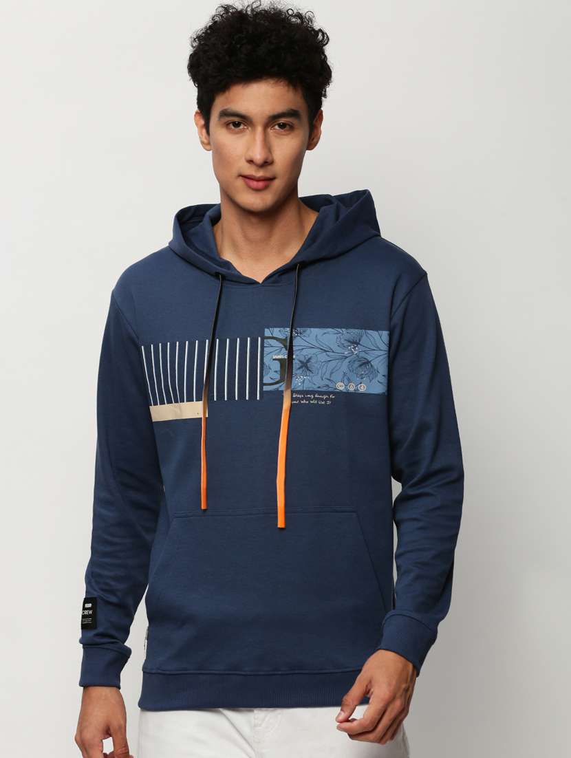 men blue cotton graphic regular sweatshirt